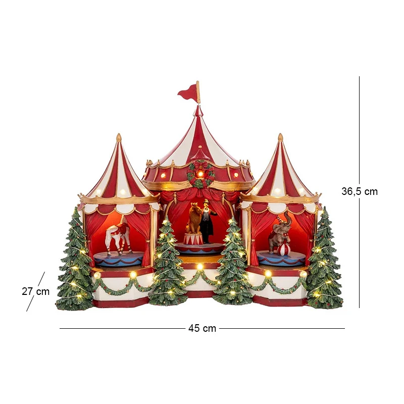XMAS RESIN CIRCUS WITH TURNING FIGURES MUSIC AND LED LIGHT 45X27X36,5CM