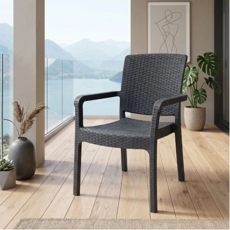 Polypropylene armchair with rattan  in grey color 56x60x86,5cm.