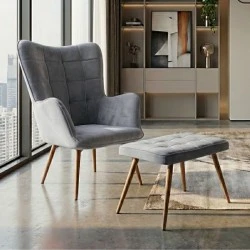 Lily Megapap velvet armchair with stool in grey color 70x62x98cm.