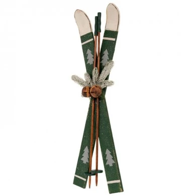 GREEN WOODEN ANTIQUE SKIS AND POLES 25X9X75CM