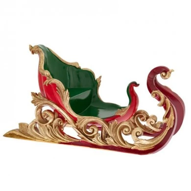 XMAS GREEN RED RESIN SLEIGH WITH DEER 57X28X30CM
