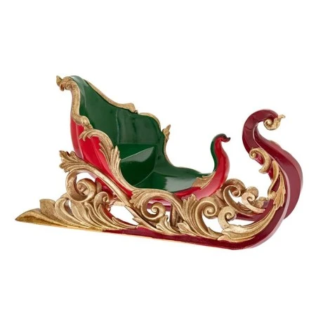 XMAS GREEN RED RESIN SLEIGH WITH DEER 57X28X30CM