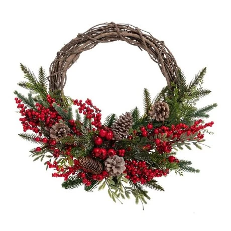 GREEN WREATH WITH RED BERRIES AND ΜΙΧ PINE CONES 50CM