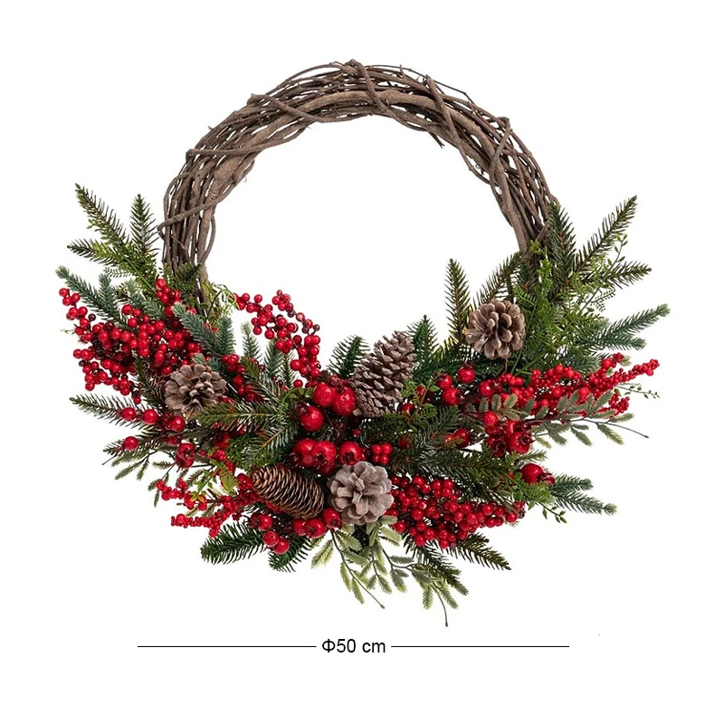 GREEN WREATH WITH RED BERRIES AND ΜΙΧ PINE CONES 50CM