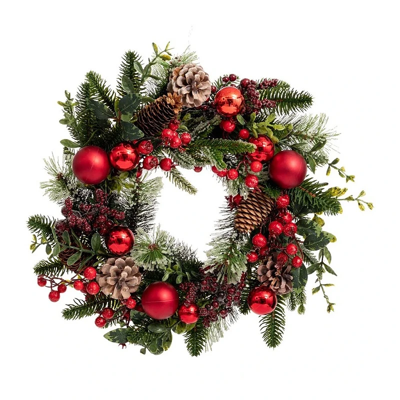 GREEN WREATH WITH RED BERRIES RED  BAUBLES AND ICED PINE CONES 40CM