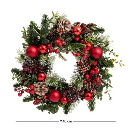 GREEN WREATH WITH RED BERRIES RED  BAUBLES AND ICED PINE CONES 40CM