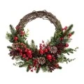 GREEN WREATH WITH RED BERRIES RED  BAUBLES AND ICED PINE CONES 50CM