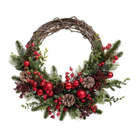 GREEN WREATH WITH RED BERRIES RED  BAUBLES AND ICED PINE CONES 50CM