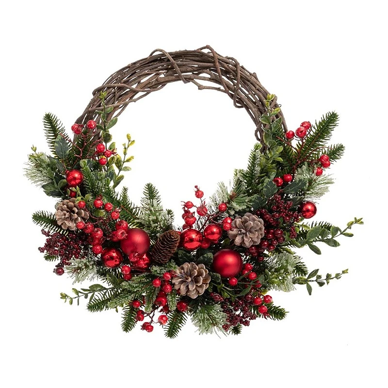 GREEN WREATH WITH RED BERRIES RED  BAUBLES AND ICED PINE CONES 50CM
