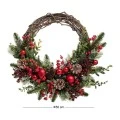 GREEN WREATH WITH RED BERRIES RED  BAUBLES AND ICED PINE CONES 50CM