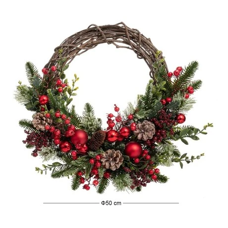 GREEN WREATH WITH RED BERRIES RED  BAUBLES AND ICED PINE CONES 50CM