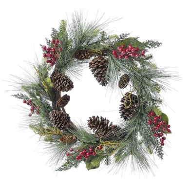 XMAS GREEN WREATH 50CM W RED BERRIESANDPINECONES
