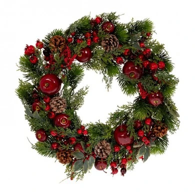 GREEN WREATH WITH RED BERRIES, PINE CONES AND POMEGRANATES 55CM