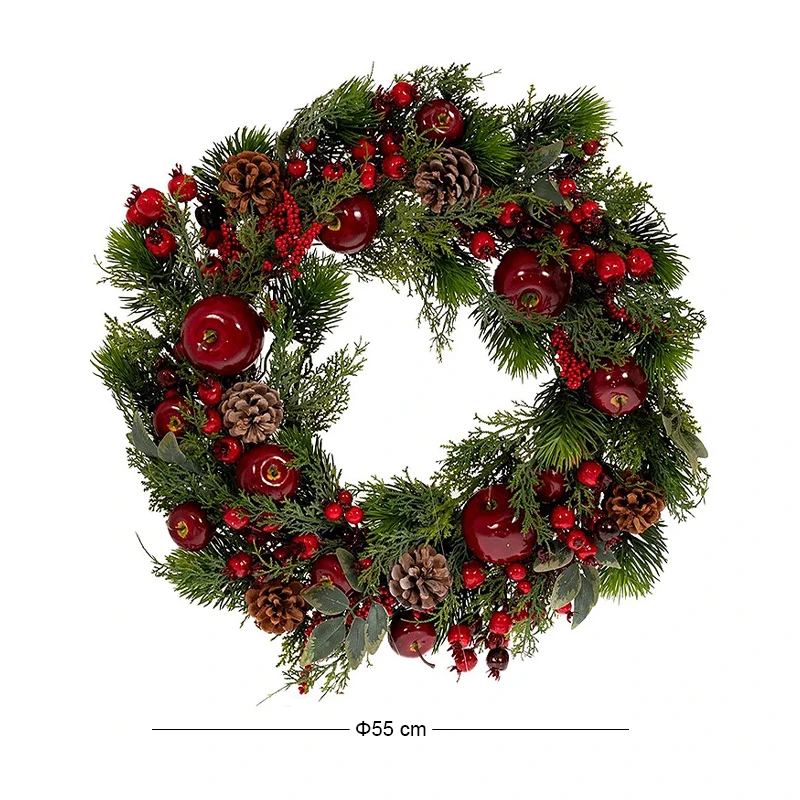 GREEN WREATH WITH RED BERRIES, PINE CONES AND POMEGRANATES 56CM