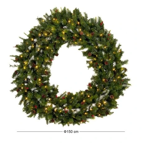 CHRISTMAS GREEN PRE-LIT WREATH 150CM WITH 150LED WARM WHITE LED