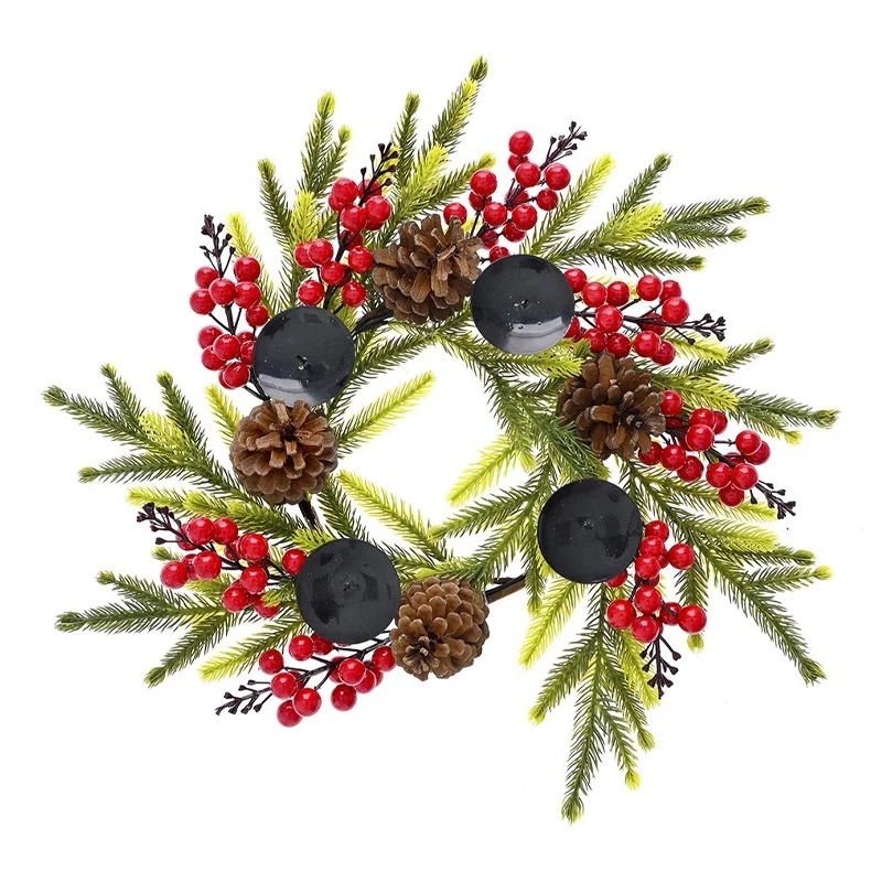 GREEN WREATH WITH BERRIES AND CANDLE HOLDERS 45CM
