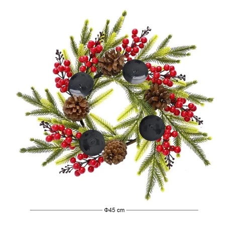 GREEN WREATH WITH BERRIES AND CANDLE HOLDERS 45CM