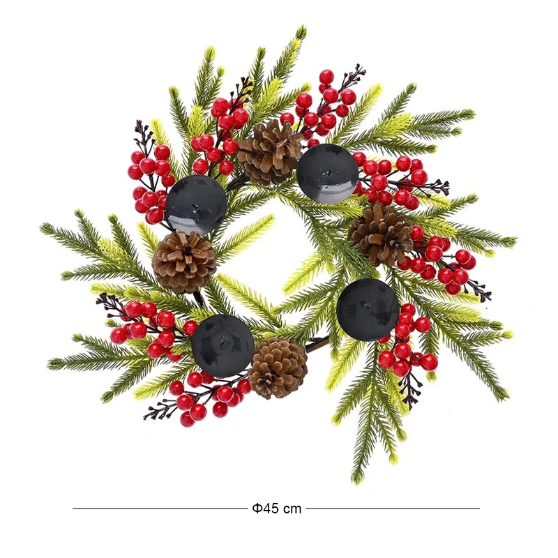 GREEN WREATH WITH BERRIES AND CANDLE HOLDERS 45CM
