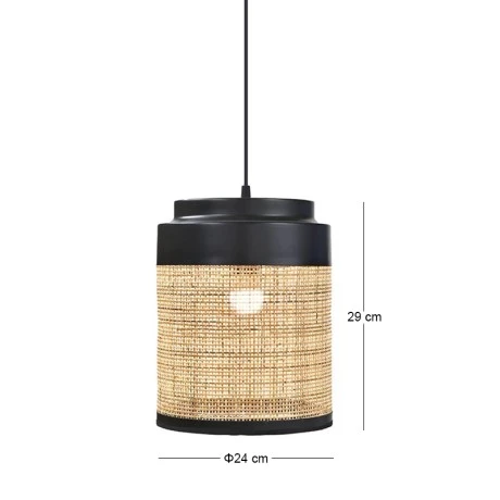 DECO NATURAL RATTAN CEILING LIGHT W BLACK METAL STAND D24x29CM