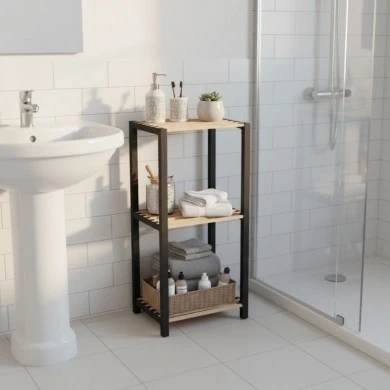 Nightstand - Floor shelf wooden - plastic color natural - black 37x29x79cm.