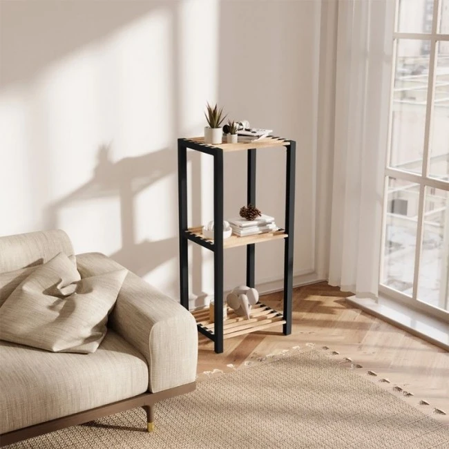 Nightstand - Floor shelf wooden - plastic color natural - black 37x29x79cm.