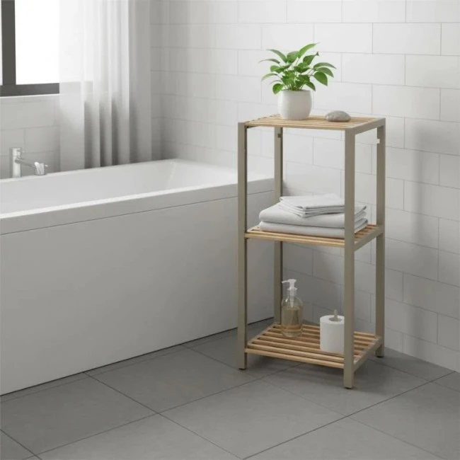 Nightstand - Floor shelf wooden - plastic color natural - beige 37x29x79cm.