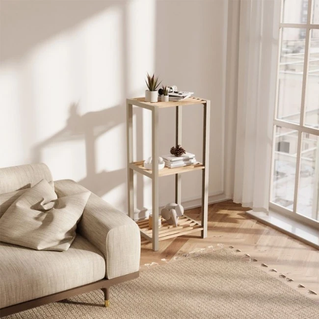 Nightstand - Floor shelf wooden - plastic color natural - beige 37x29x79cm.