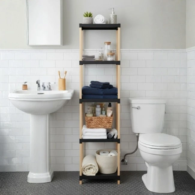 Floor shelf wooden - plastic color natural - black 28x25x137cm.