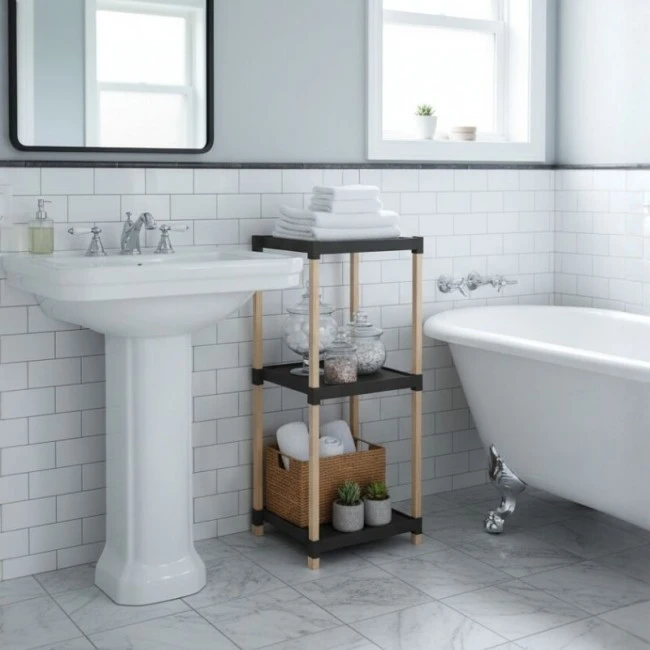 Floor shelf wooden - plastic color natural - black 28x25x72cm.