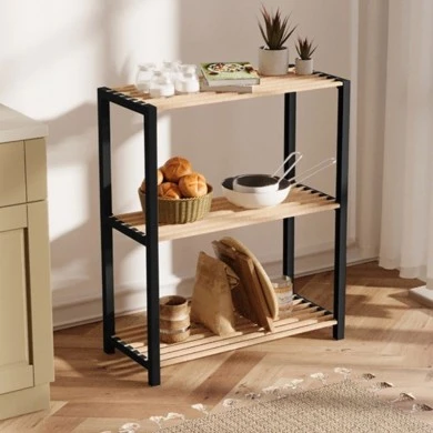 Side table - Floor shelf wooden - plastic color natural - black 65x29x78cm.