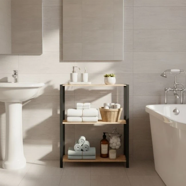 Side table - Floor shelf wooden - plastic color natural - black 65x29x78cm.