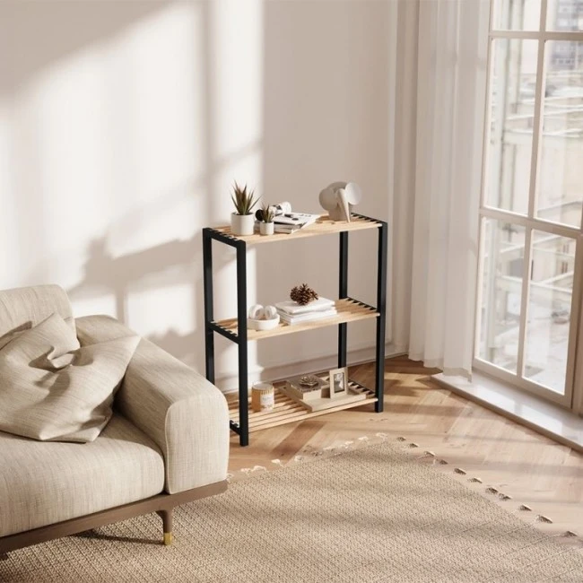 Side table - Floor shelf wooden - plastic color natural - black 65x29x78cm.