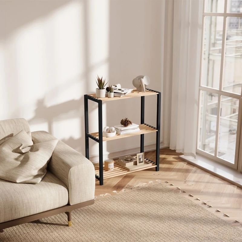 Side table - Floor shelf wooden - plastic color natural - black 65x29x78cm.