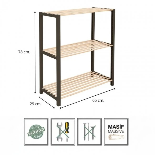 Side table - Floor shelf wooden - plastic color natural - black 65x29x78cm.
