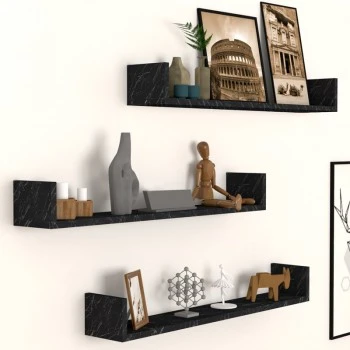 Tyrion Megapap 3 pieces melamine wall shelves in black marble effect color 90x15x12cm.