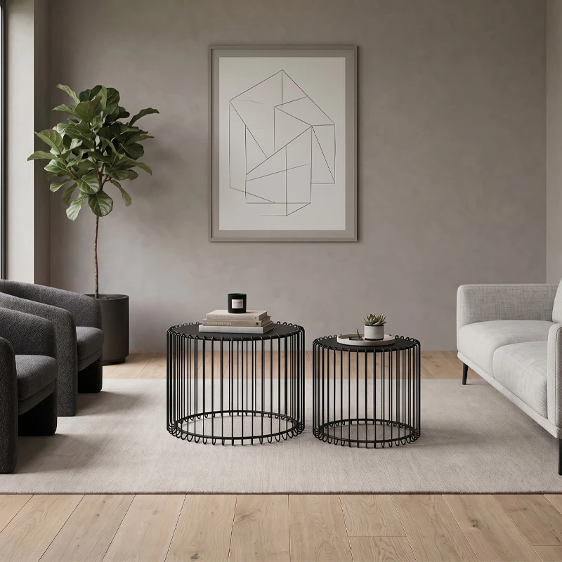 RICO Set-2pcs Coffee Table D.45+D.50cm Steel Black/Glass Smoke