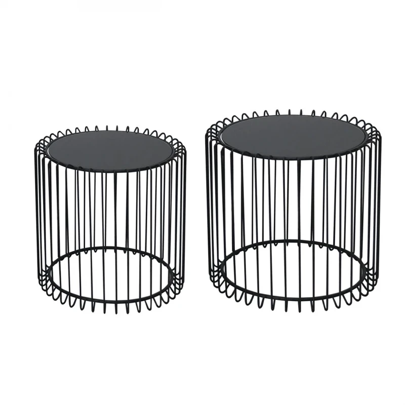 RICO Set-2pcs Coffee Table D.45+D.50cm Steel Black/Glass Smoke