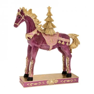 XMAS PINK RESIN HORSE WITH GOLD MANE AND TREE 30X9X34CM