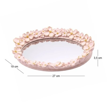 WHITE RESIN EMBOSSED FLOWERS AND MIRROR TRAY 27x19x3,5CM