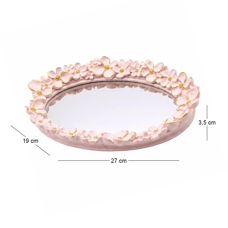 WHITE RESIN EMBOSSED FLOWERS AND MIRROR TRAY 27x19x3,5CM