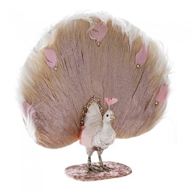 XMAS PINK-GOLD PEACOCK WITH FUR ON THE TAIL 40X13X42CM