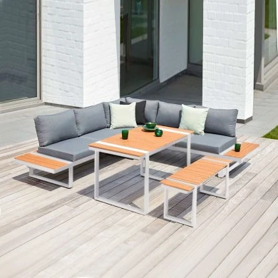 Corner garden sofa Artemis Megapap set of 4 metal-wood color white - walnut