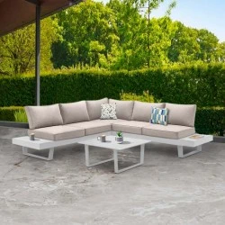 Corner garden sofa Lyra Megapap set of 3 metal-wood color white Corner garden sofa Lyra Megapap set of 3 metal-wood color white