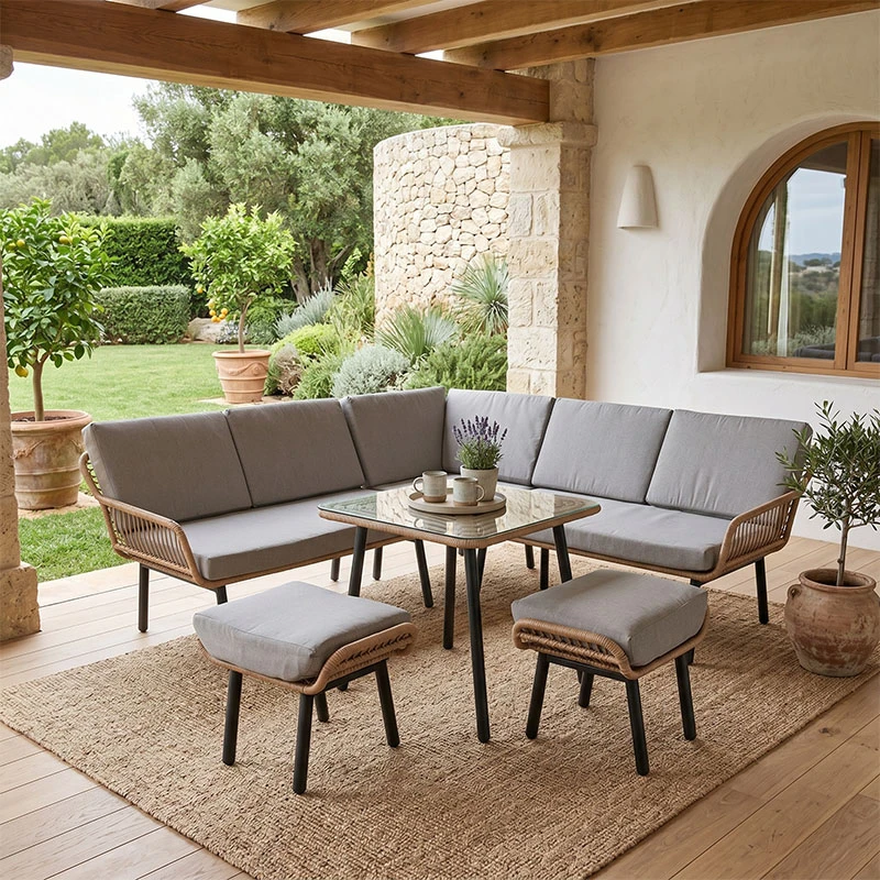 SALSA CORNER Set(Tab.70x70+Corner Sofa+2Stools)Metal/Wicker Natural/Cushion Grey