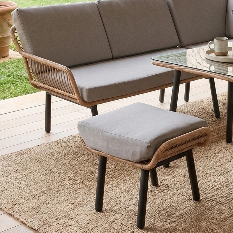 SALSA CORNER Set(Tab.70x70+Corner Sofa+2Stools)Metal/Wicker Natural/Cushion Grey