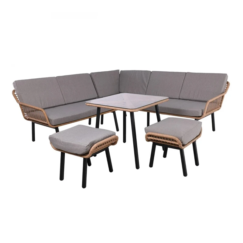 SALSA CORNER Set(Tab.70x70+Corner Sofa+2Stools)Metal/Wicker Natural/Cushion Grey