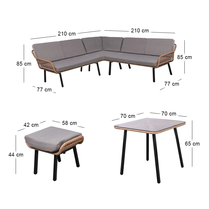 SALSA CORNER Set(Tab.70x70+Corner Sofa+2Stools)Metal/Wicker Natural/Cushion Grey