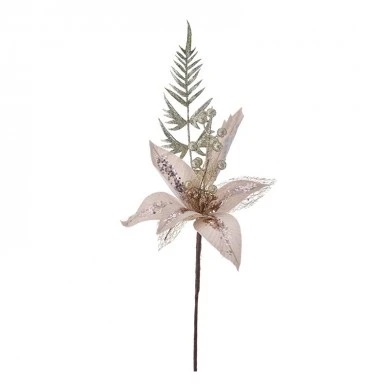 XMAS CHAMPAGNE POINSETIA BRANCH WITH MISTLETOE 58CM