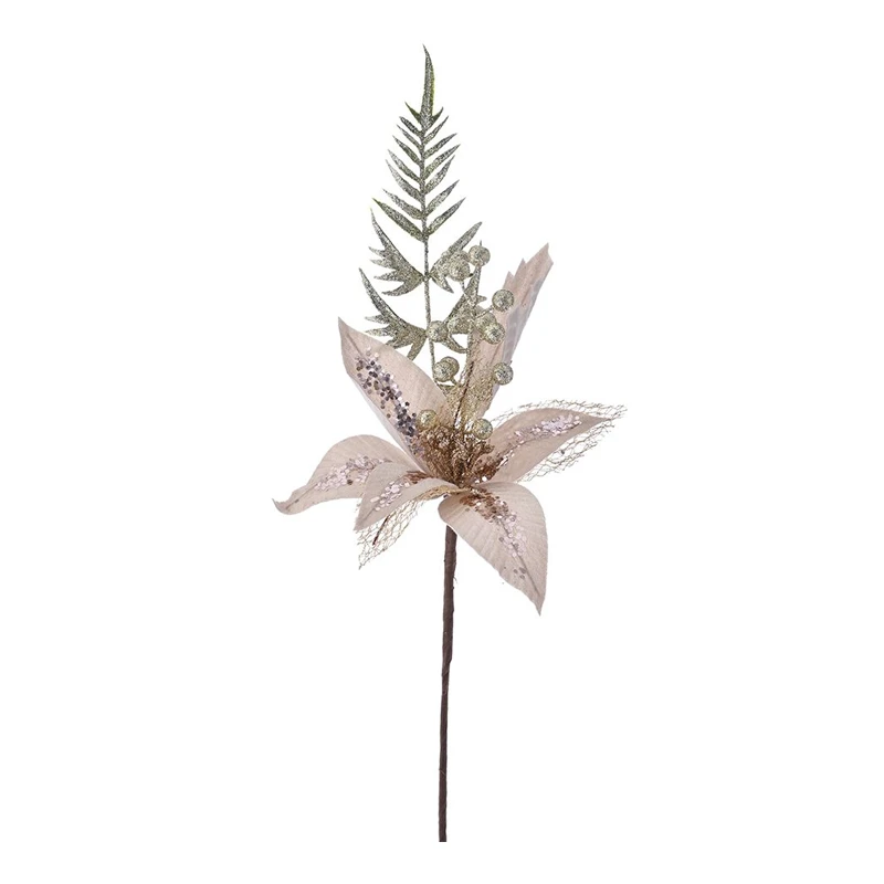 XMAS CHAMPAGNE POINSETIA BRANCH WITH MISTLETOE 58CM