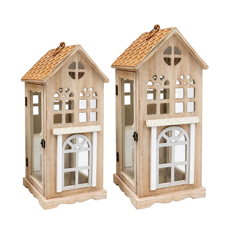 SET 2 LIGHT BROWN WOODEN LANTERN IN THE SHAPE OF A HOUSE WITH A BRONZE METAL TOP 23,5X23X55,5  16X15,5X38CM